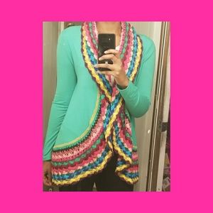 Green sweater with multi-color knit trim!